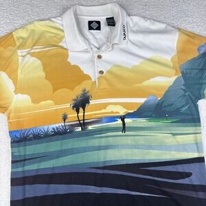 Vintage Tabasco Men's Golf‎ Polo Shirt Size Large Tropical Island All Over Print